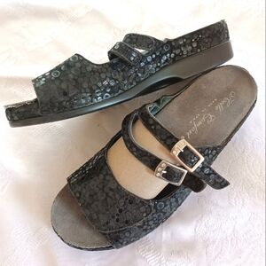 NEW Helle Comfort Made in Spain 2 Buckles & Loop Leather Slide Sandals 8.5 Black